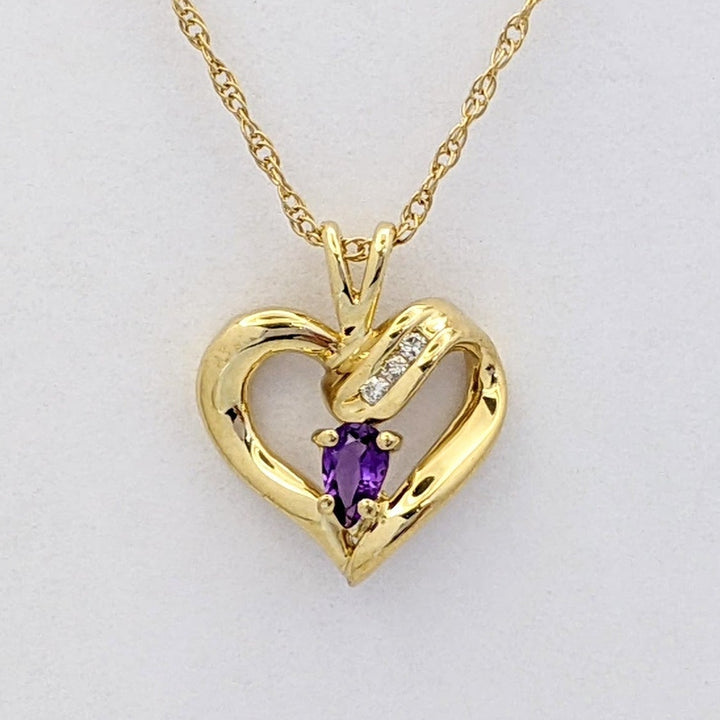 14K AMETHYST PEAR 3X5 WITH MELEE ESTATE HEART PENDANT &amp; CHAIN 2.7 GRAMS