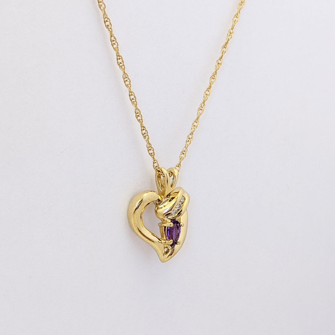14K AMETHYST PEAR 3X5 WITH MELEE ESTATE HEART PENDANT &amp; CHAIN 2.7 GRAMS