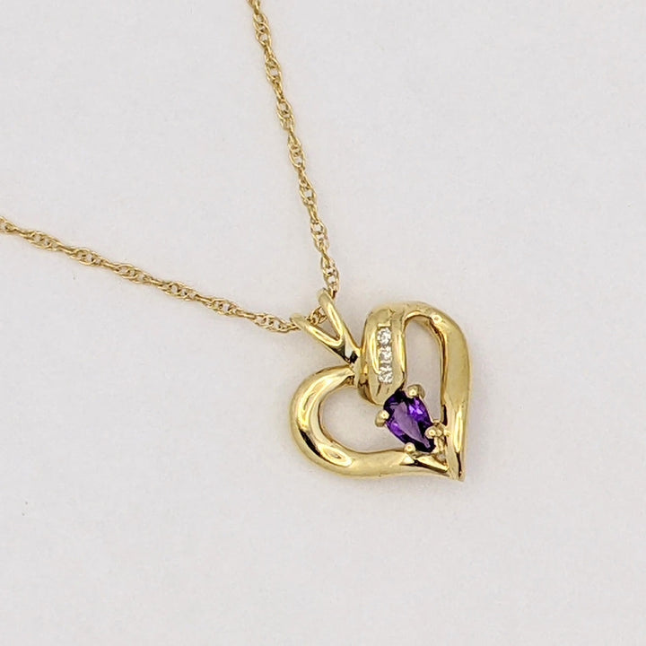 14K AMETHYST PEAR 3X5 WITH MELEE ESTATE HEART PENDANT &amp; CHAIN 2.7 GRAMS