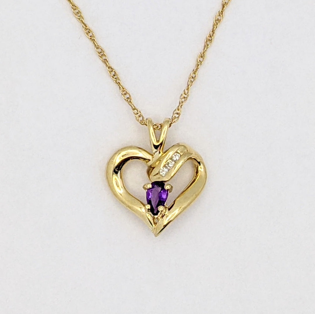 14K AMETHYST PEAR 3X5 WITH MELEE ESTATE HEART PENDANT &amp; CHAIN 2.7 GRAMS