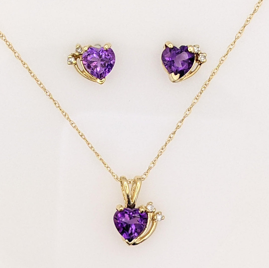 10K AMETHYST HEART 6MM WITH MELEE ESTATE EARRING, PENDANT &amp; CHAIN SET 2.3 GRAMS