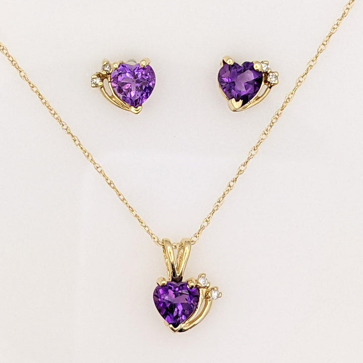 10K AMETHYST HEART 6MM WITH MELEE ESTATE EARRING, PENDANT &amp; CHAIN SET 2.3 GRAMS