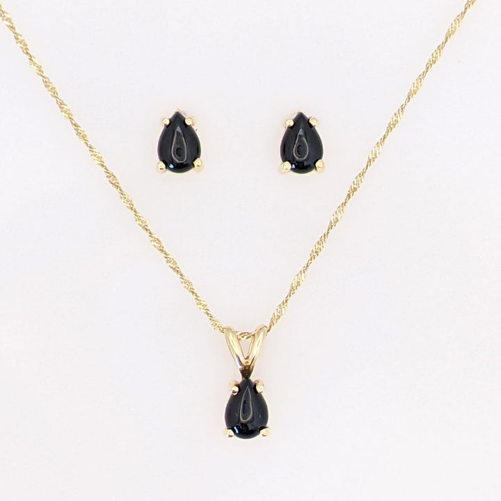 14K ONYX PEAR 5X7 (3) ESTATE EARRINGS, PENDANT &amp; CHAIN SET 2.6 GRAMS