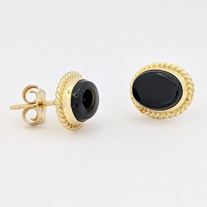 14K ONYX OVAL 5.5X8MM WITH GOLD TRIM ESTATE EARRINGS 1.2 GRAMS
