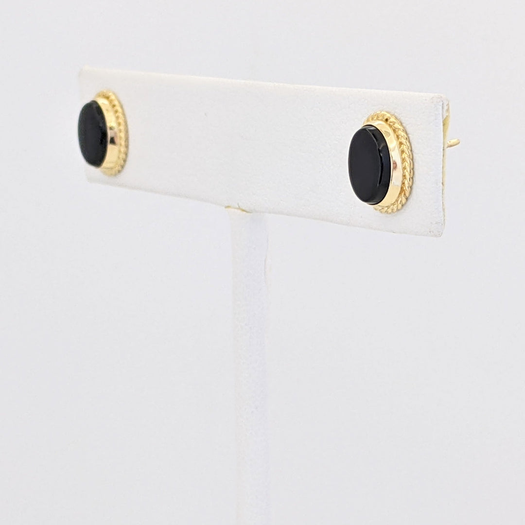 14K ONYX OVAL 5.5X8MM WITH GOLD TRIM ESTATE EARRINGS 1.2 GRAMS