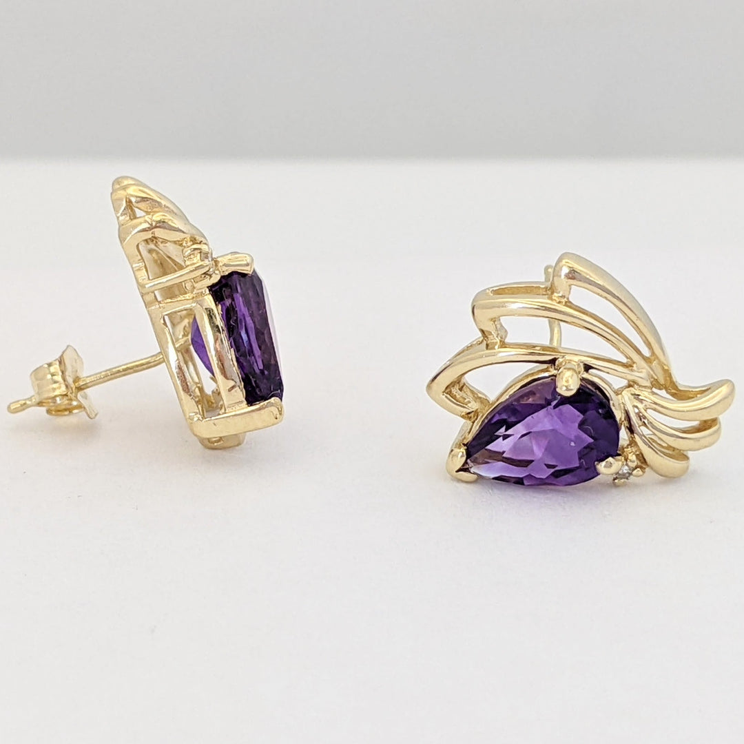 14K AMETHYST PEAR 6X9 WITH MELEE GOLD WAVE ESTATE EARRINGS 3.2 GRAMS