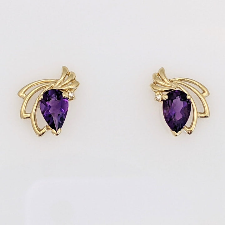 14K AMETHYST PEAR 6X9 WITH MELEE GOLD WAVE ESTATE EARRINGS 3.2 GRAMS