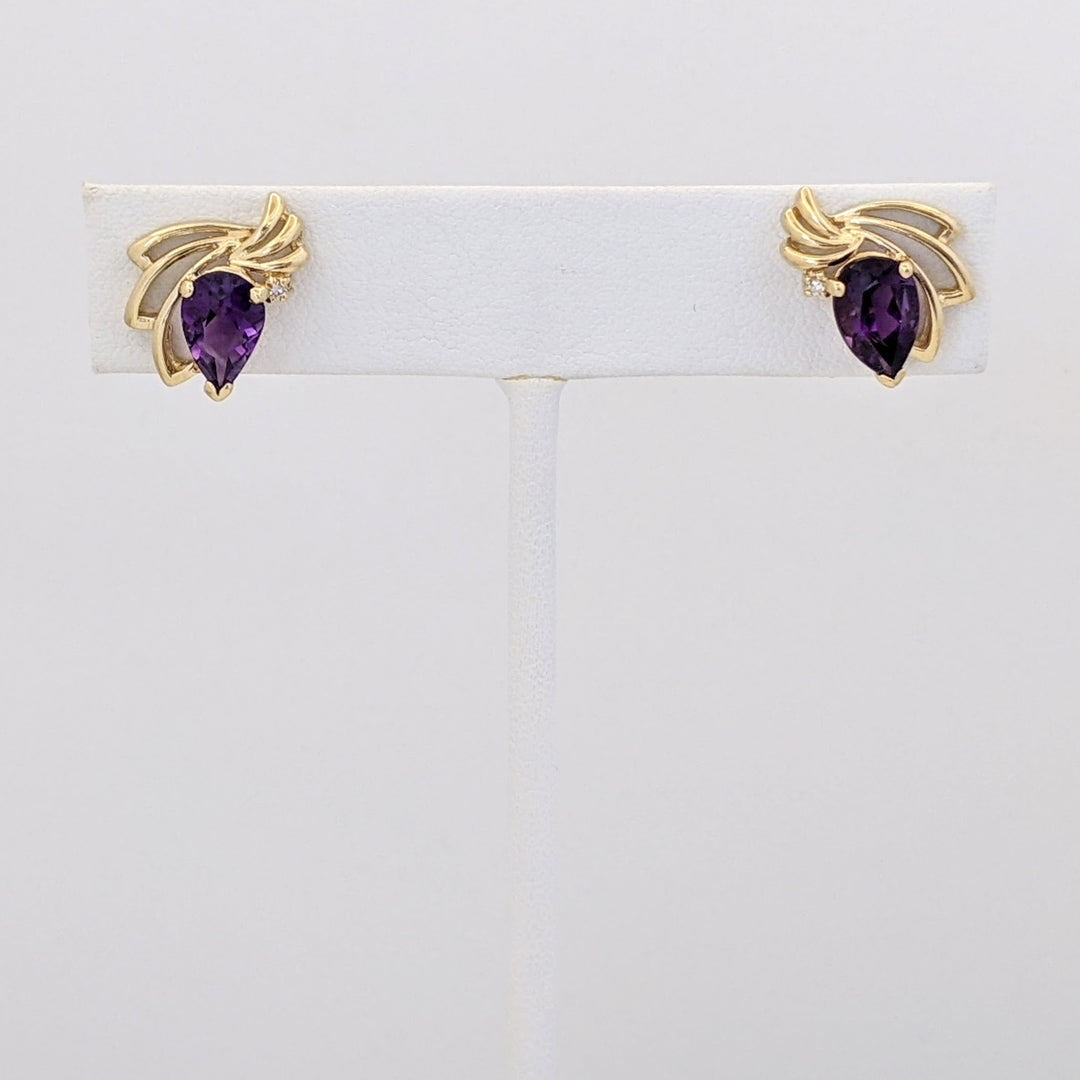14K AMETHYST PEAR 6X9 WITH MELEE GOLD WAVE ESTATE EARRINGS 3.2 GRAMS