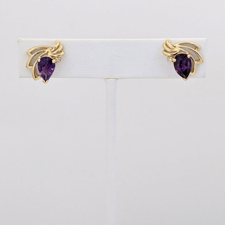 14K AMETHYST PEAR 6X9 WITH MELEE GOLD WAVE ESTATE EARRINGS 3.2 GRAMS