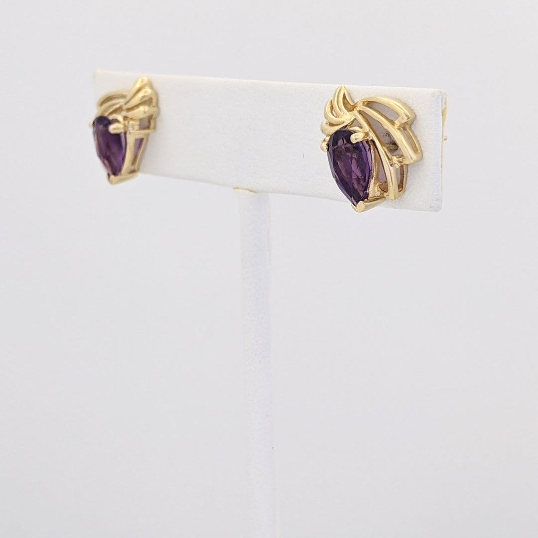 14K AMETHYST PEAR 6X9 WITH MELEE GOLD WAVE ESTATE EARRINGS 3.2 GRAMS