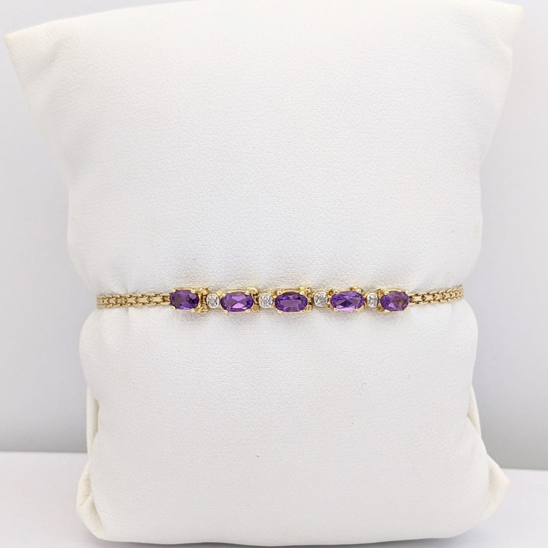 14K AMETHYST OVAL (5) 3X5 WITH MELEE LINK ESTATE BRACELET 2.4 GRAMS
