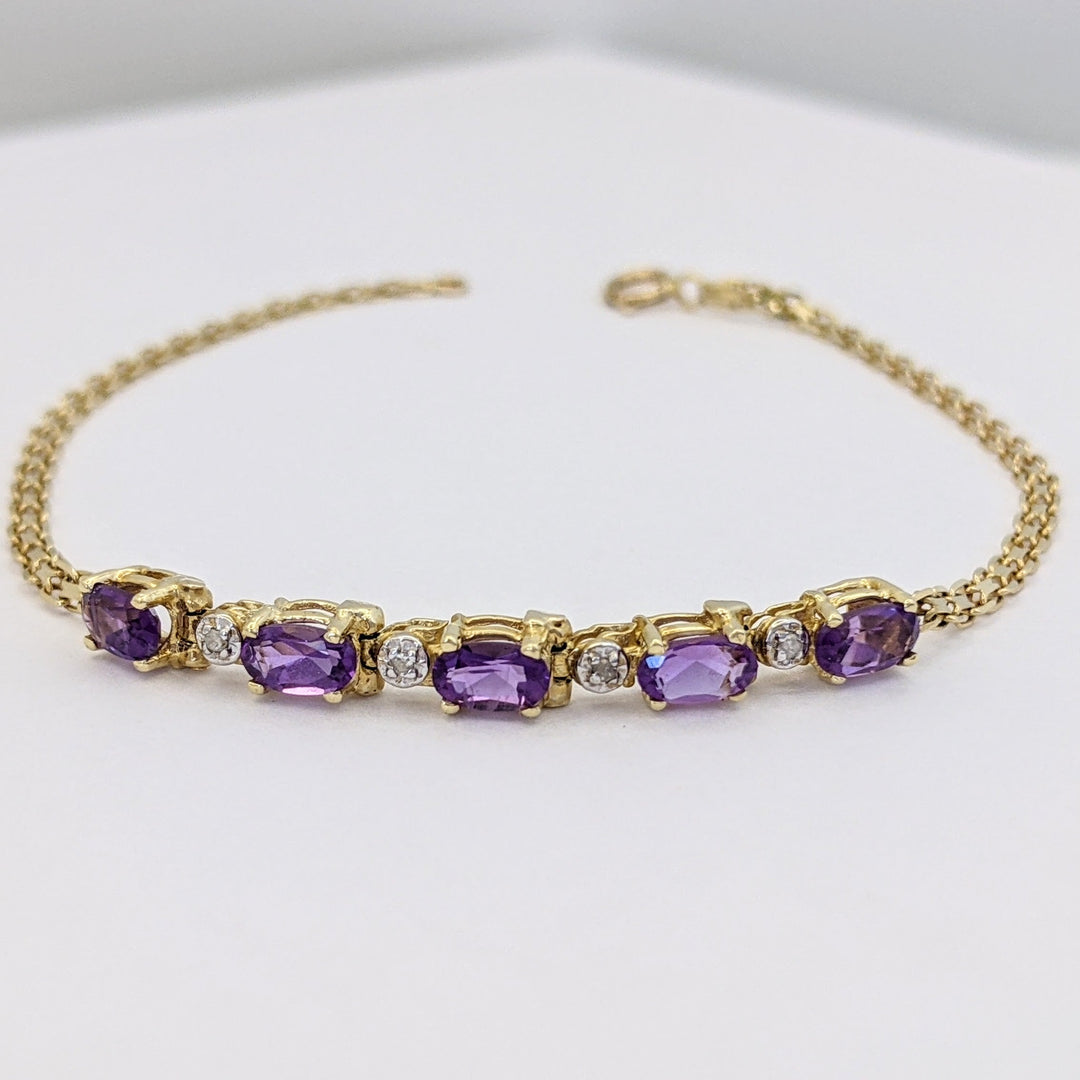 14K AMETHYST OVAL (5) 3X5 WITH MELEE LINK ESTATE BRACELET 2.4 GRAMS