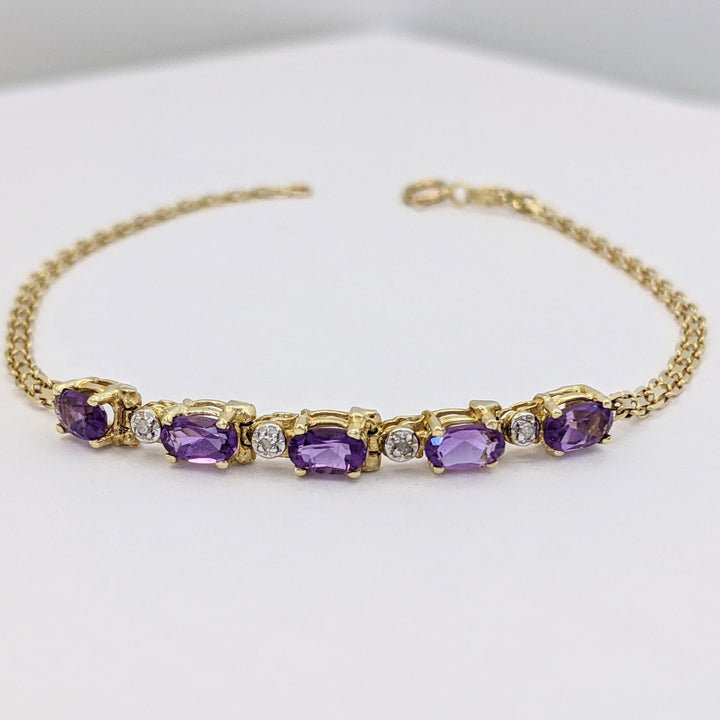 14K AMETHYST OVAL (5) 3X5 WITH MELEE LINK ESTATE BRACELET 2.4 GRAMS