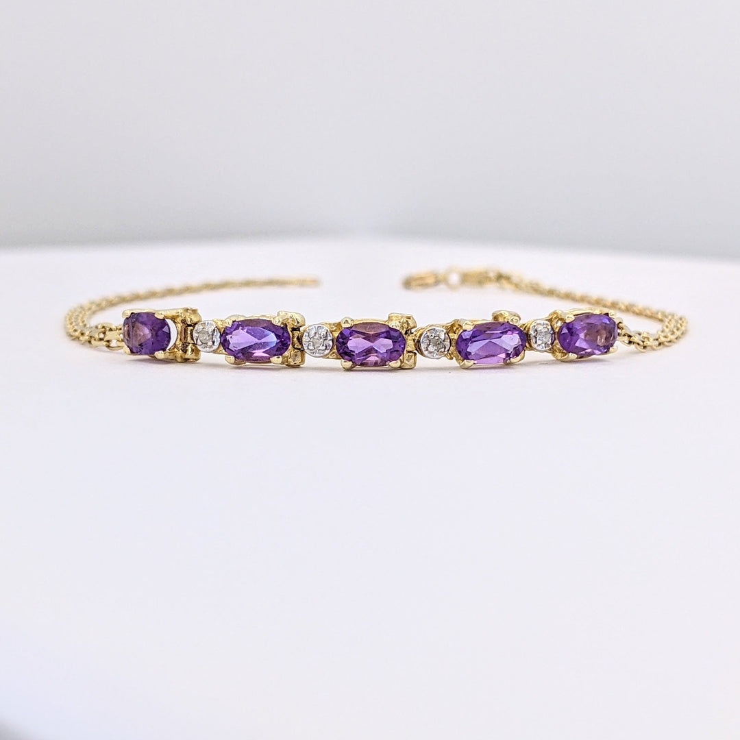 14K AMETHYST OVAL (5) 3X5 WITH MELEE LINK ESTATE BRACELET 2.4 GRAMS