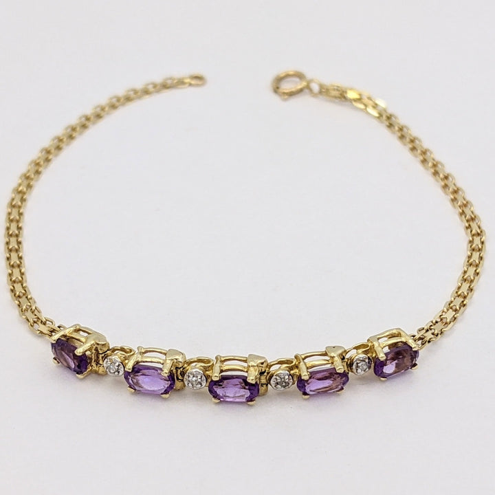 14K AMETHYST OVAL (5) 3X5 WITH MELEE LINK ESTATE BRACELET 2.4 GRAMS