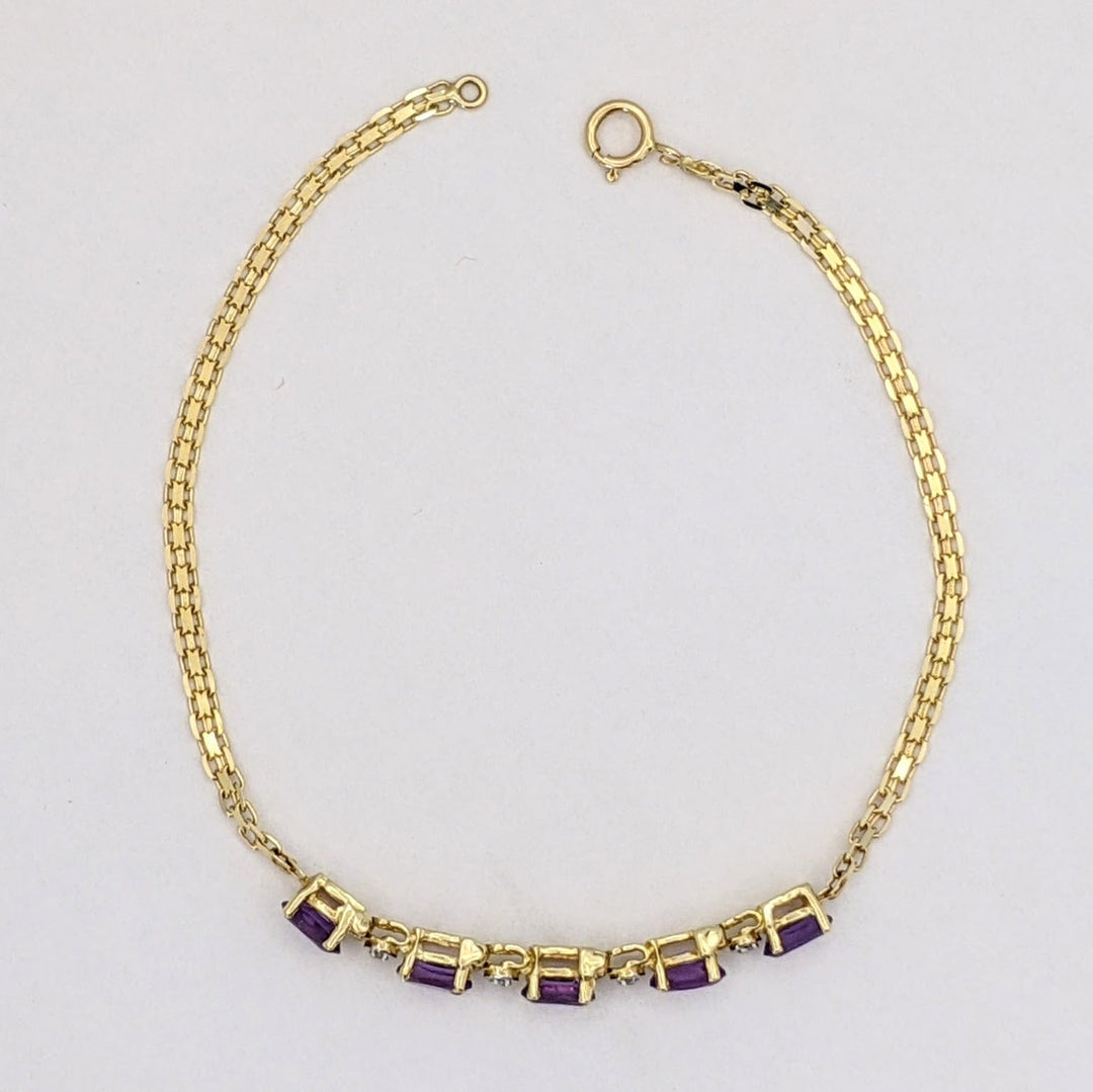 14K AMETHYST OVAL (5) 3X5 WITH MELEE LINK ESTATE BRACELET 2.4 GRAMS
