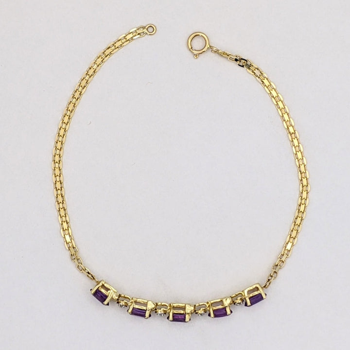 14K AMETHYST OVAL (5) 3X5 WITH MELEE LINK ESTATE BRACELET 2.4 GRAMS
