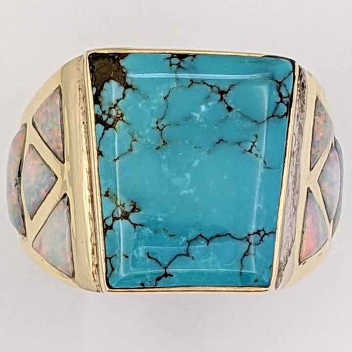 14K TURQUOISE EMERALD CUT 16X18 WITH (8) OPAL FREEFORM ESTATE RING 12.9 GRAMS