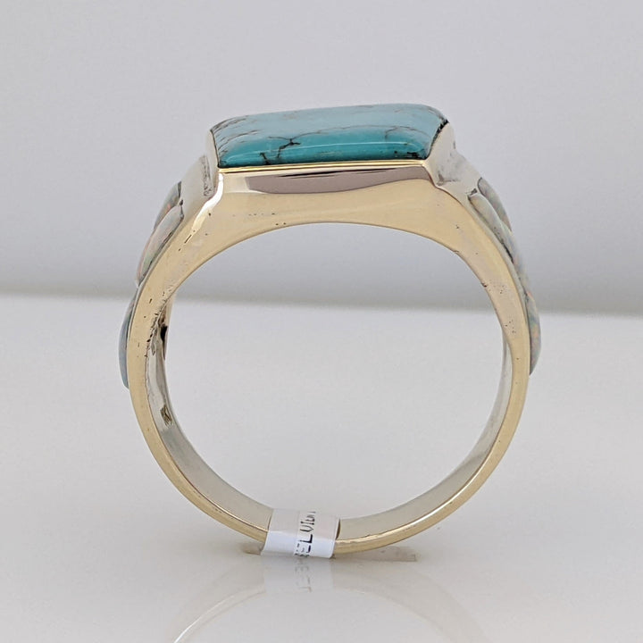 14K TURQUOISE EMERALD CUT 16X18 WITH (8) OPAL FREEFORM ESTATE RING 12.9 GRAMS