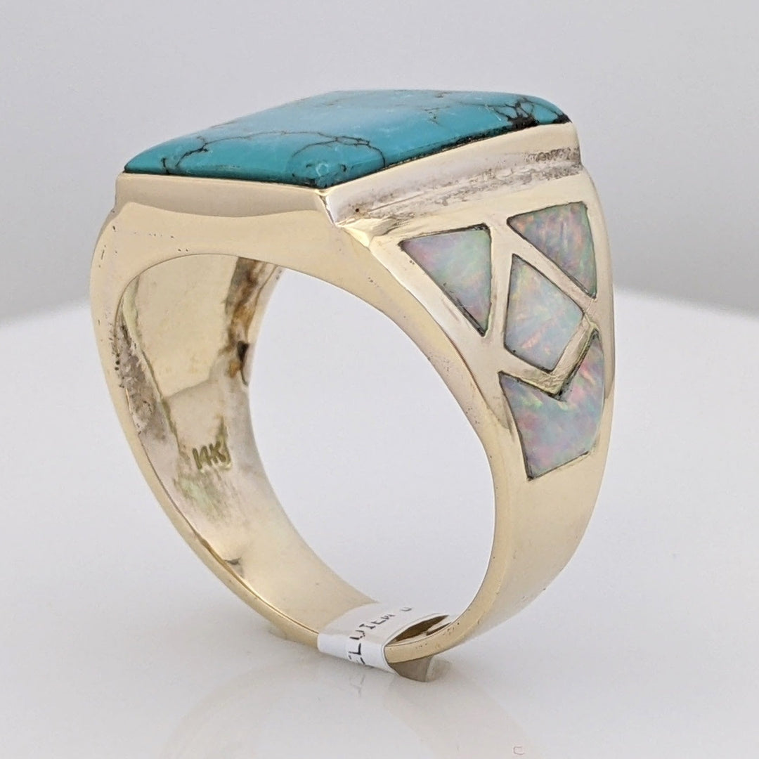 14K TURQUOISE EMERALD CUT 16X18 WITH (8) OPAL FREEFORM ESTATE RING 12.9 GRAMS