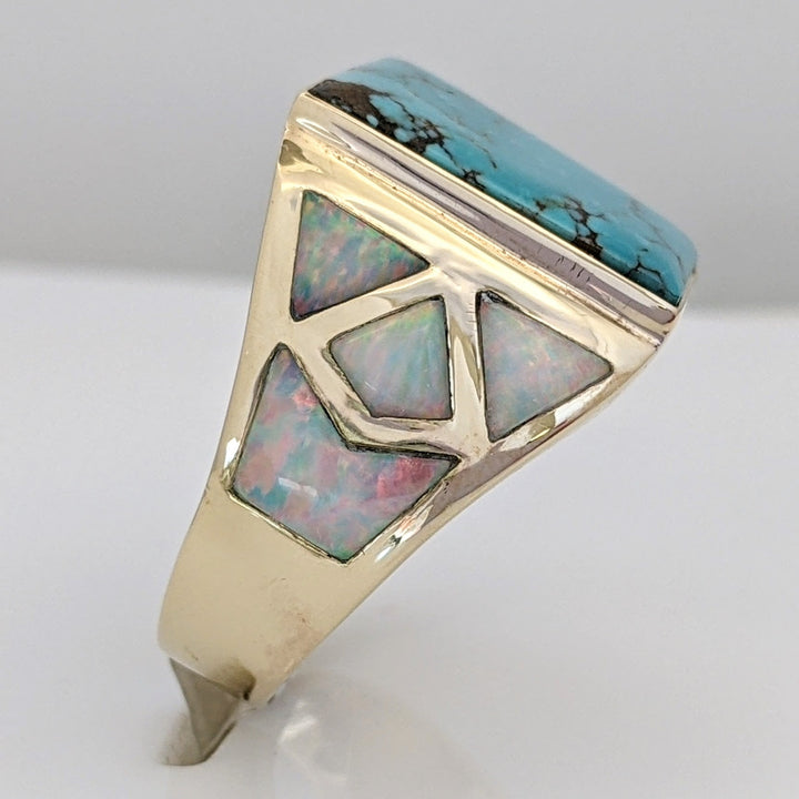 14K TURQUOISE EMERALD CUT 16X18 WITH (8) OPAL FREEFORM ESTATE RING 12.9 GRAMS