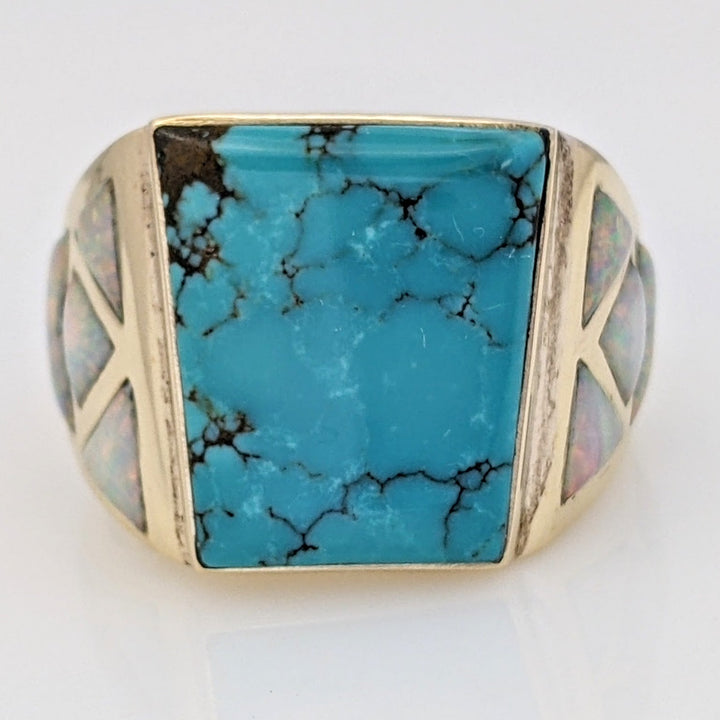 14K TURQUOISE EMERALD CUT 16X18 WITH (8) OPAL FREEFORM ESTATE RING 12.9 GRAMS