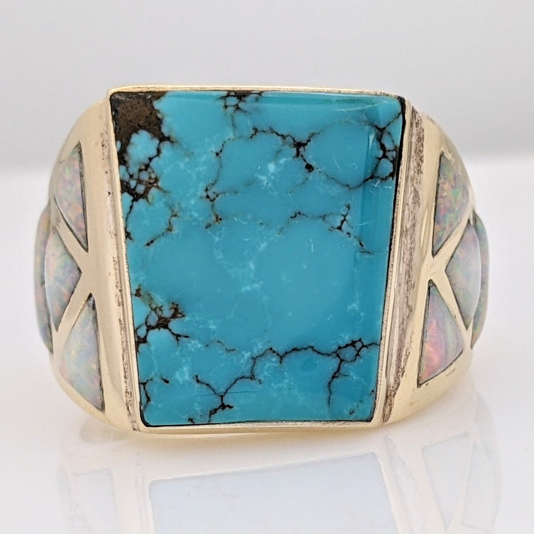 14K TURQUOISE EMERALD CUT 16X18 WITH (8) OPAL FREEFORM ESTATE RING 12.9 GRAMS