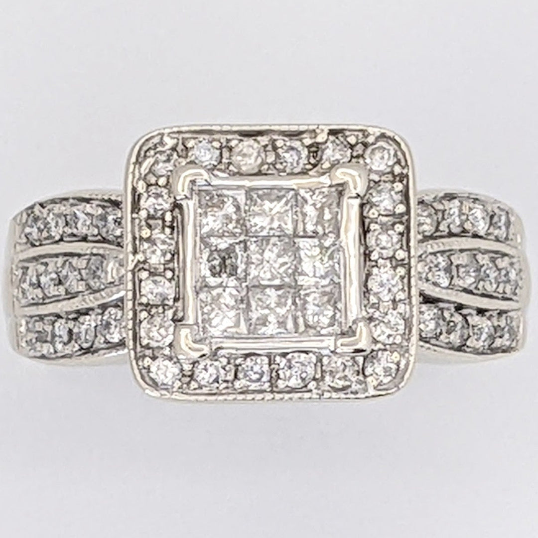 14KW 1.00 CARAT TOTAL WEIGHT I1 I DIAMOND PRINCESS CUT (9) ROUND (44) ESTATE CLUSTER RING 5.6 GRAMS