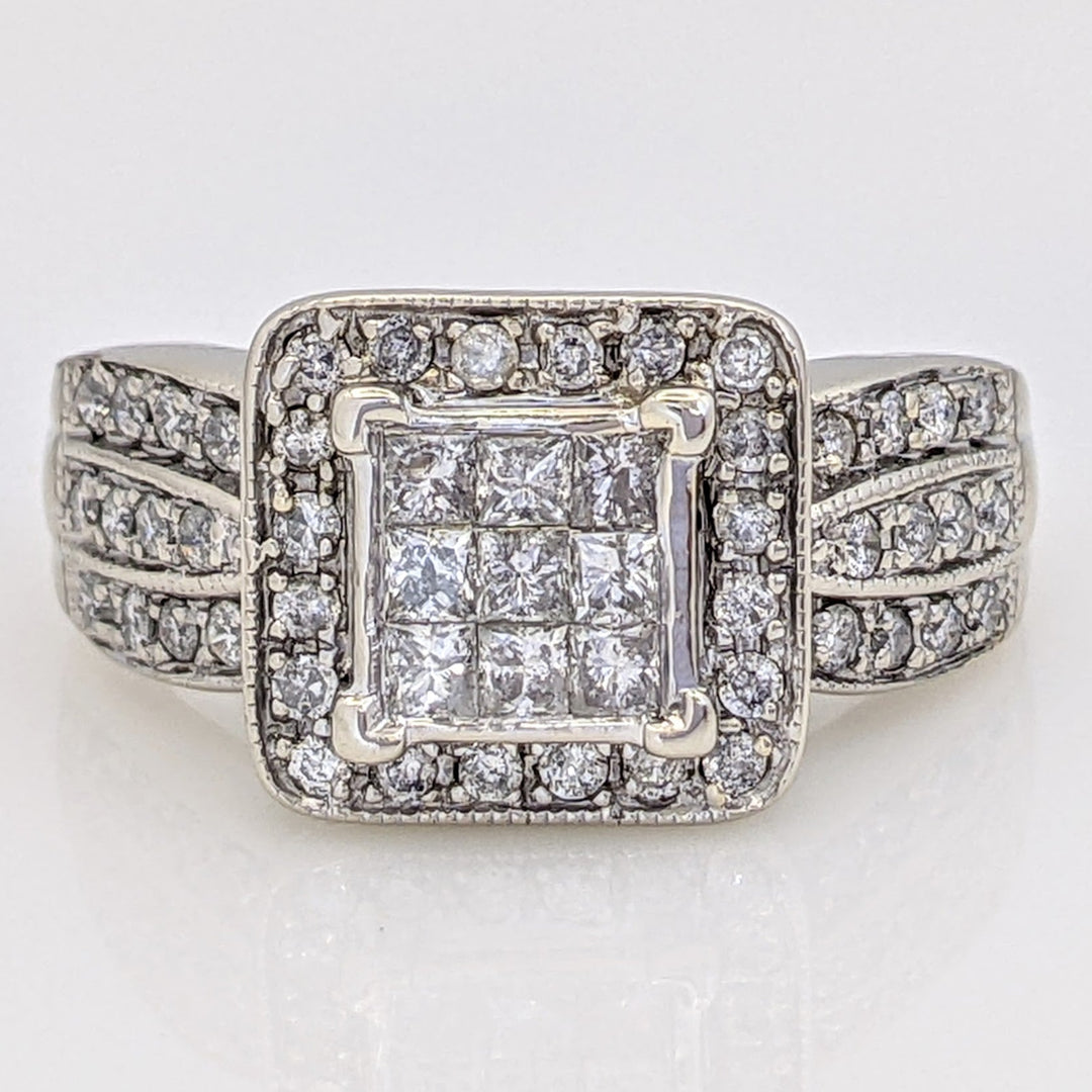 14KW 1.00 CARAT TOTAL WEIGHT I1 I DIAMOND PRINCESS CUT (9) ROUND (44) ESTATE CLUSTER RING 5.6 GRAMS