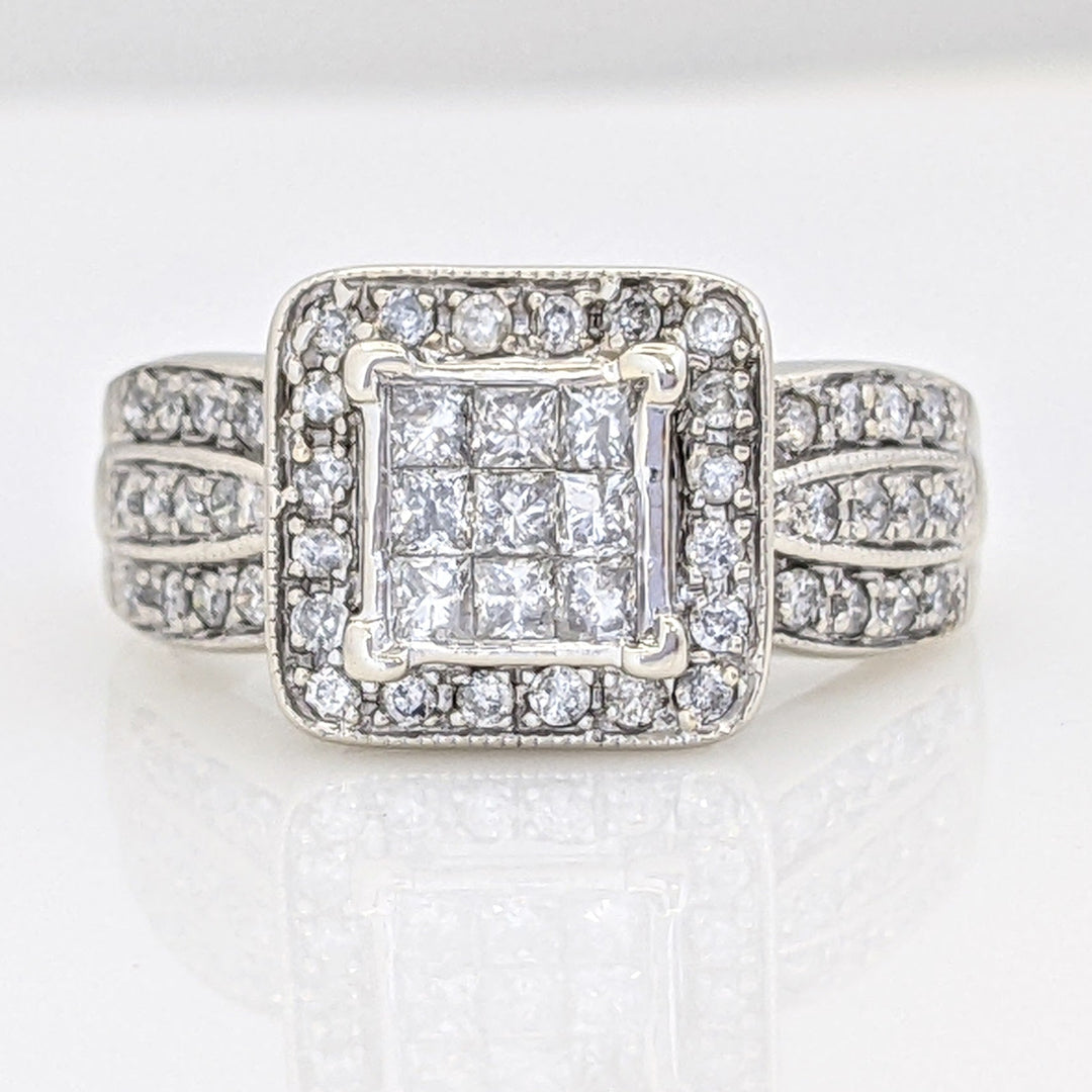 14KW 1.00 CARAT TOTAL WEIGHT I1 I DIAMOND PRINCESS CUT (9) ROUND (44) ESTATE CLUSTER RING 5.6 GRAMS