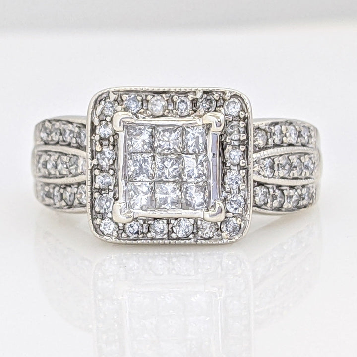 14KW 1.00 CARAT TOTAL WEIGHT I1 I DIAMOND PRINCESS CUT (9) ROUND (44) ESTATE CLUSTER RING 5.6 GRAMS