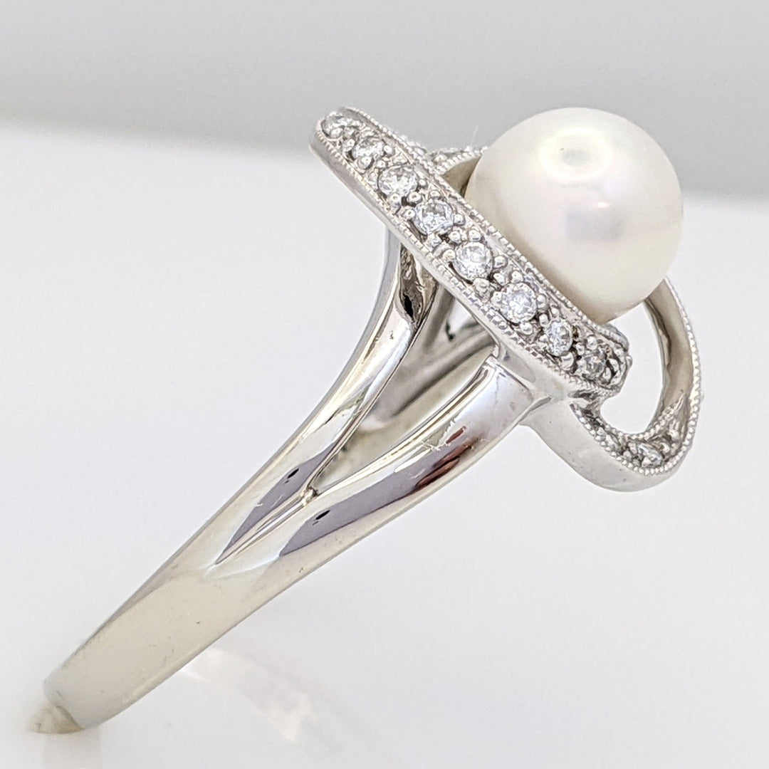 14K WHITE PEARL ROUND 7.3MM WITH MELEE SWIRL ESTATE RING 4.8 GRAMS