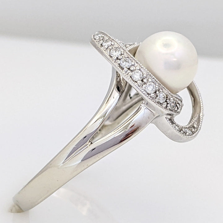 14K WHITE PEARL ROUND 7.3MM WITH MELEE SWIRL ESTATE RING 4.8 GRAMS