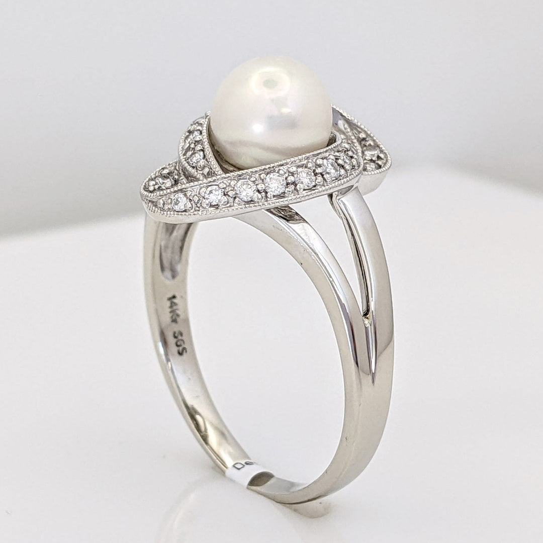 14K WHITE PEARL ROUND 7.3MM WITH MELEE SWIRL ESTATE RING 4.8 GRAMS