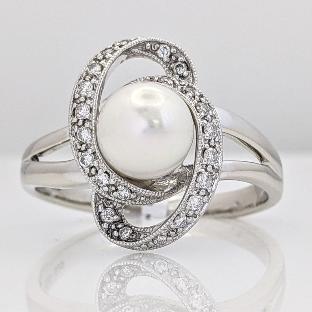 14K WHITE PEARL ROUND 7.3MM WITH MELEE SWIRL ESTATE RING 4.8 GRAMS