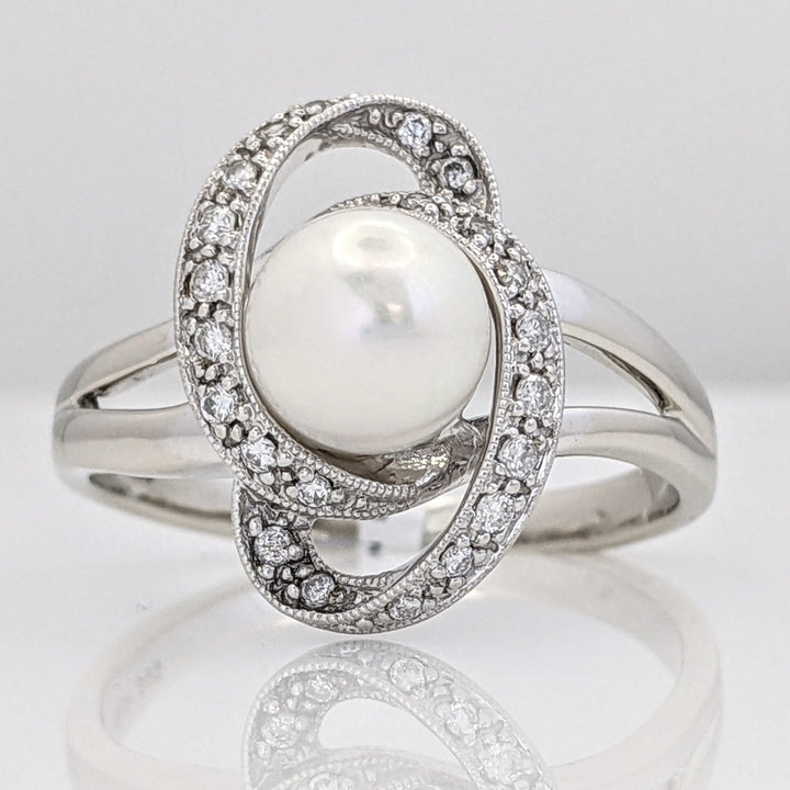 14K WHITE PEARL ROUND 7.3MM WITH MELEE SWIRL ESTATE RING 4.8 GRAMS