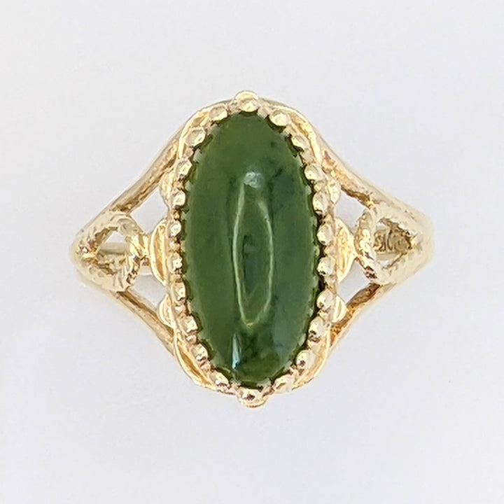 10K JADE GREEN OVAL 7X14 MULTI-PRONG OPEN SIDES ESTATE RING 3.3 GRAMS