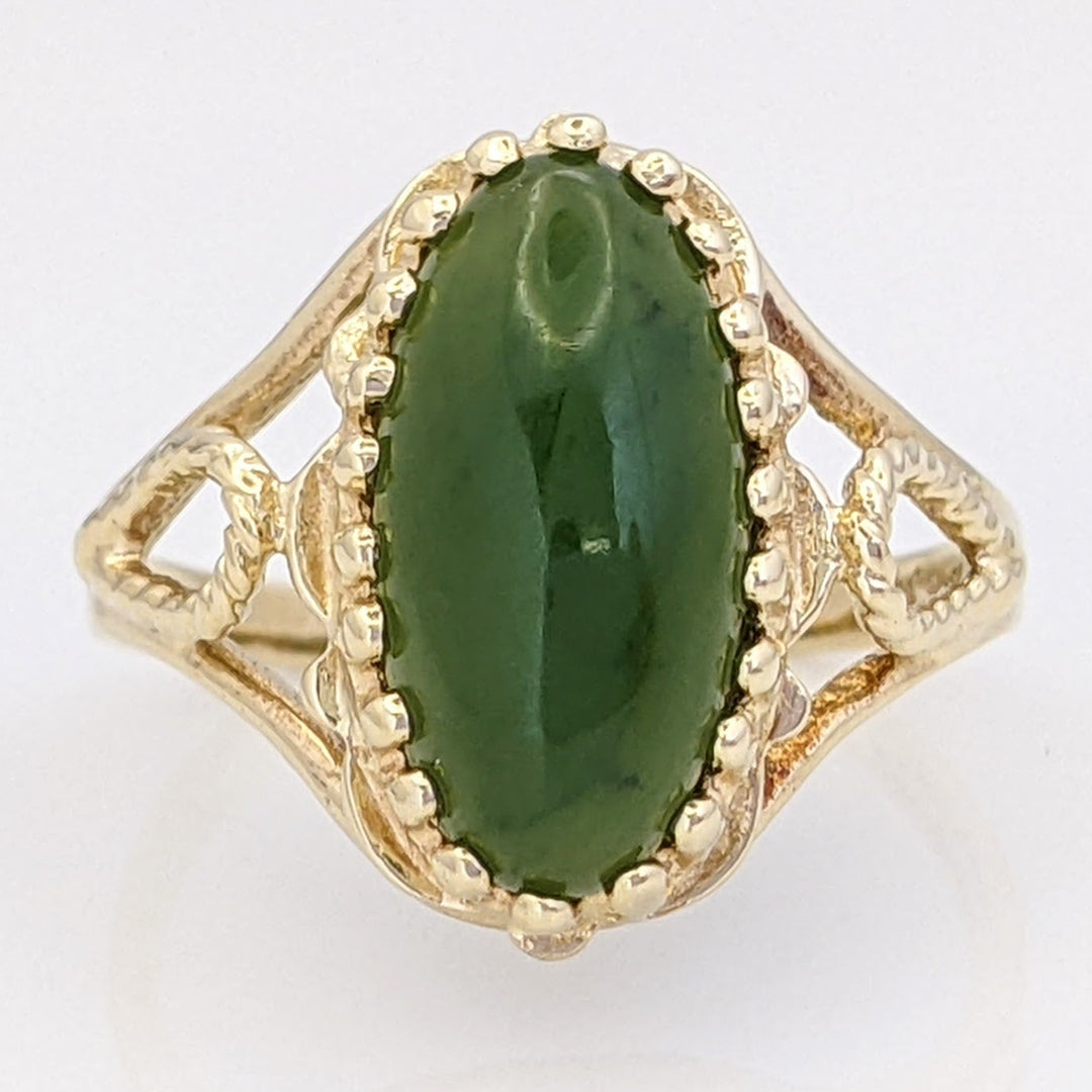 10K JADE GREEN OVAL 7X14 MULTI-PRONG OPEN SIDES ESTATE RING 3.3 GRAMS