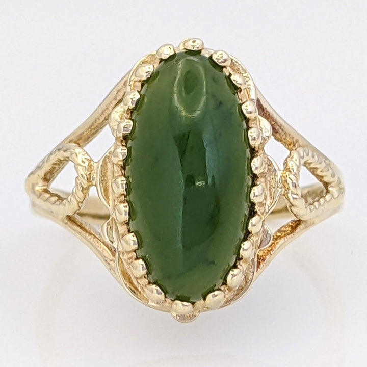10K JADE GREEN OVAL 7X14 MULTI-PRONG OPEN SIDES ESTATE RING 3.3 GRAMS