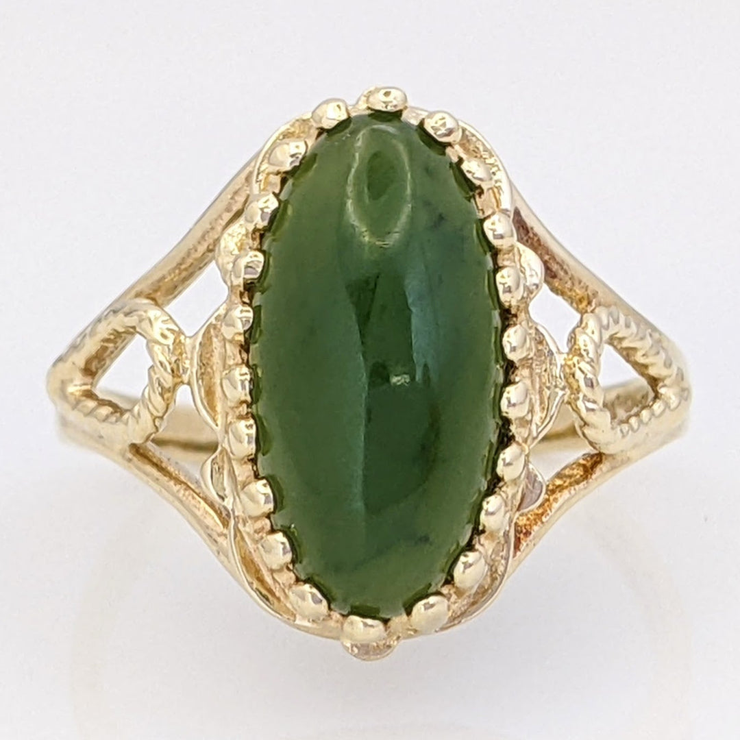 10K JADE GREEN OVAL 7X14 MULTI-PRONG OPEN SIDES ESTATE RING 3.3 GRAMS
