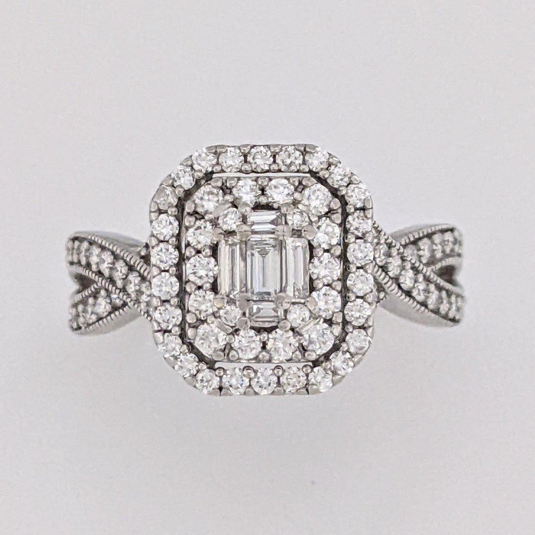 14K WHITE 1.02 CARAT TOTAL WEIGHT SI1 I DIAMOND EMERALD CUT (5) ROUND (88) CLUSTER HALO ESTATE RING 5.7 GRAMS