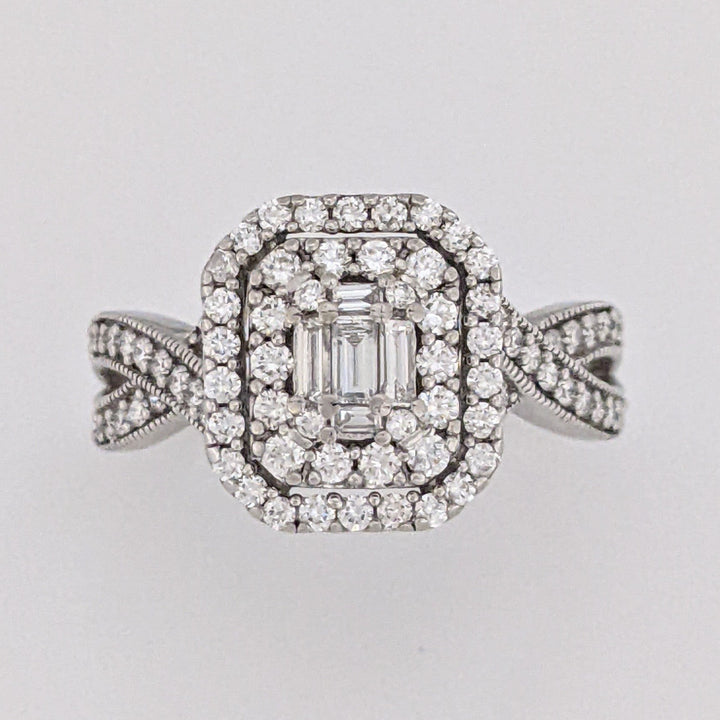 14K WHITE 1.02 CARAT TOTAL WEIGHT SI1 I DIAMOND EMERALD CUT (5) ROUND (88) CLUSTER HALO ESTATE RING 5.7 GRAMS