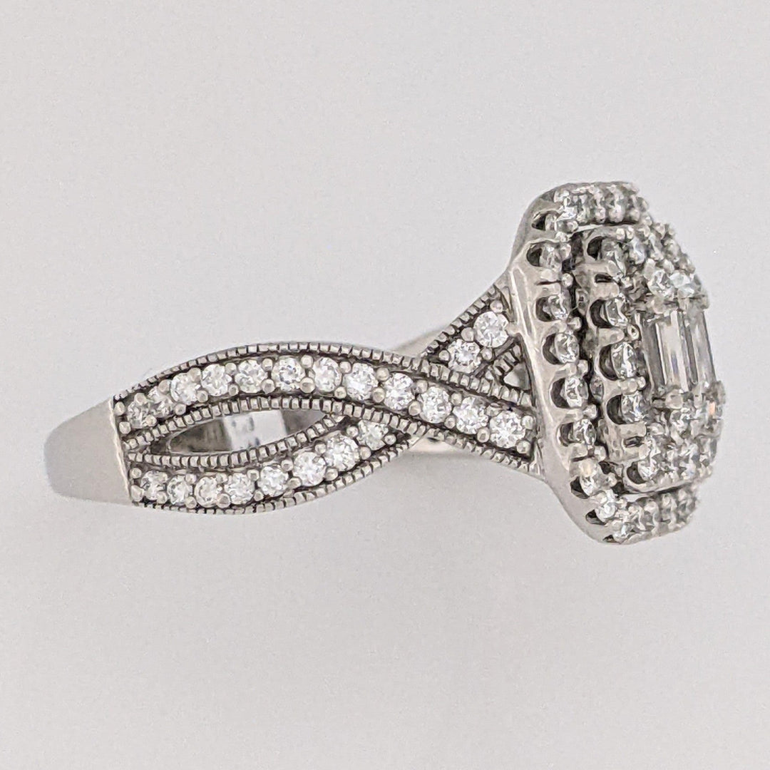 14K WHITE 1.02 CARAT TOTAL WEIGHT SI1 I DIAMOND EMERALD CUT (5) ROUND (88) CLUSTER HALO ESTATE RING 5.7 GRAMS
