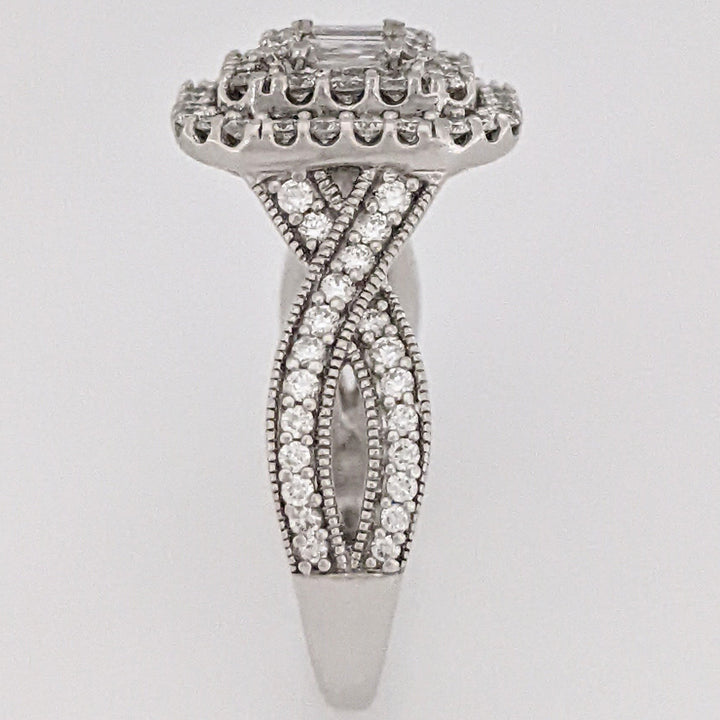 14K WHITE 1.02 CARAT TOTAL WEIGHT SI1 I DIAMOND EMERALD CUT (5) ROUND (88) CLUSTER HALO ESTATE RING 5.7 GRAMS