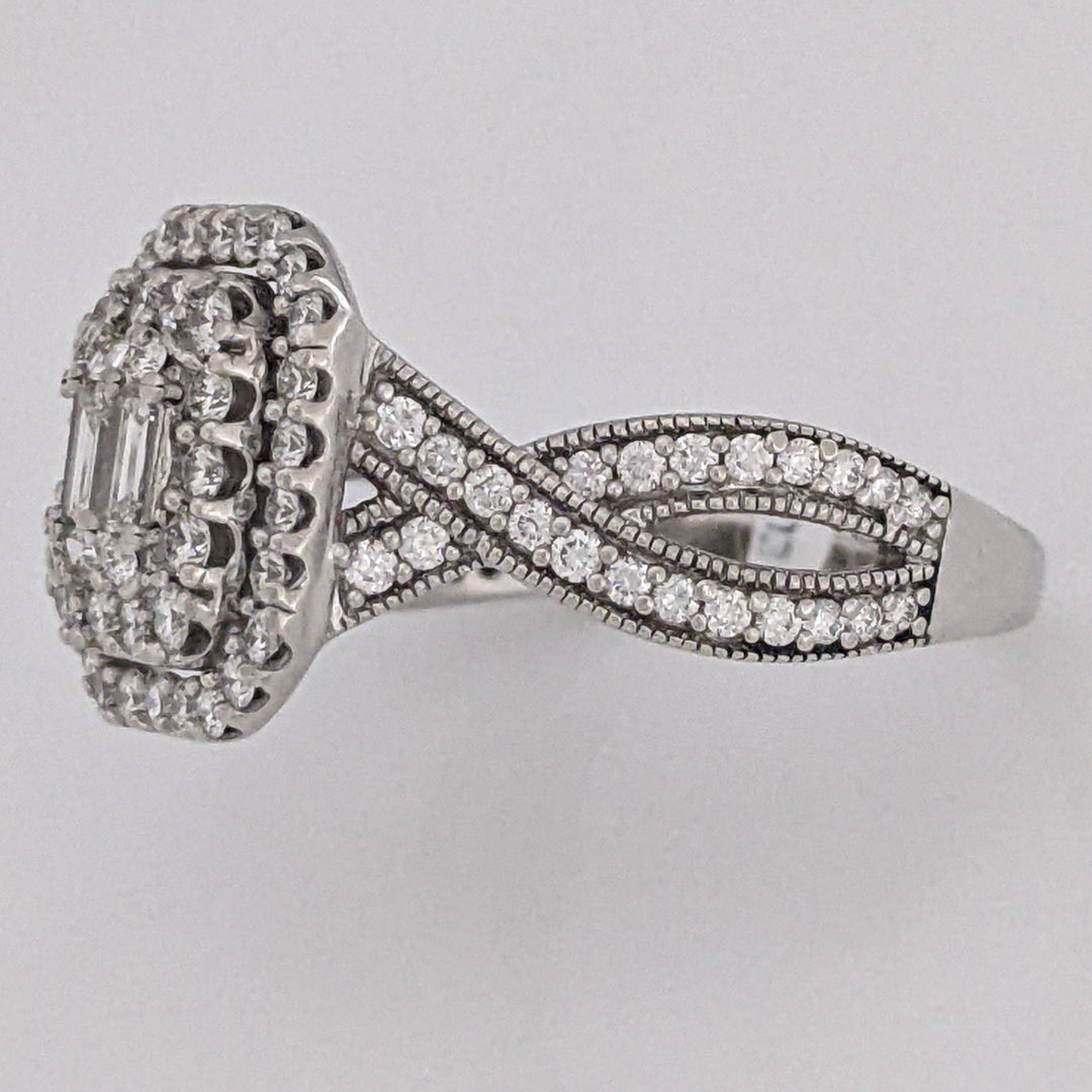 14K WHITE 1.02 CARAT TOTAL WEIGHT SI1 I DIAMOND EMERALD CUT (5) ROUND (88) CLUSTER HALO ESTATE RING 5.7 GRAMS