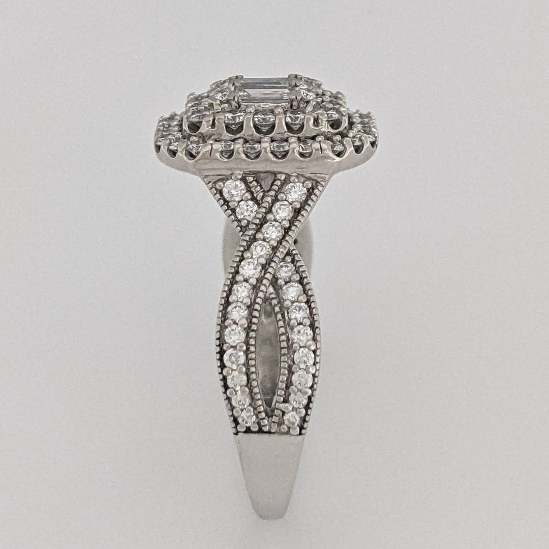 14K WHITE 1.02 CARAT TOTAL WEIGHT SI1 I DIAMOND EMERALD CUT (5) ROUND (88) CLUSTER HALO ESTATE RING 5.7 GRAMS