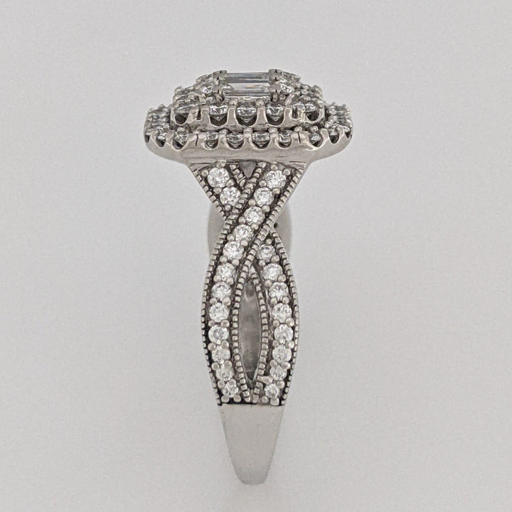 14K WHITE 1.02 CARAT TOTAL WEIGHT SI1 I DIAMOND EMERALD CUT (5) ROUND (88) CLUSTER HALO ESTATE RING 5.7 GRAMS