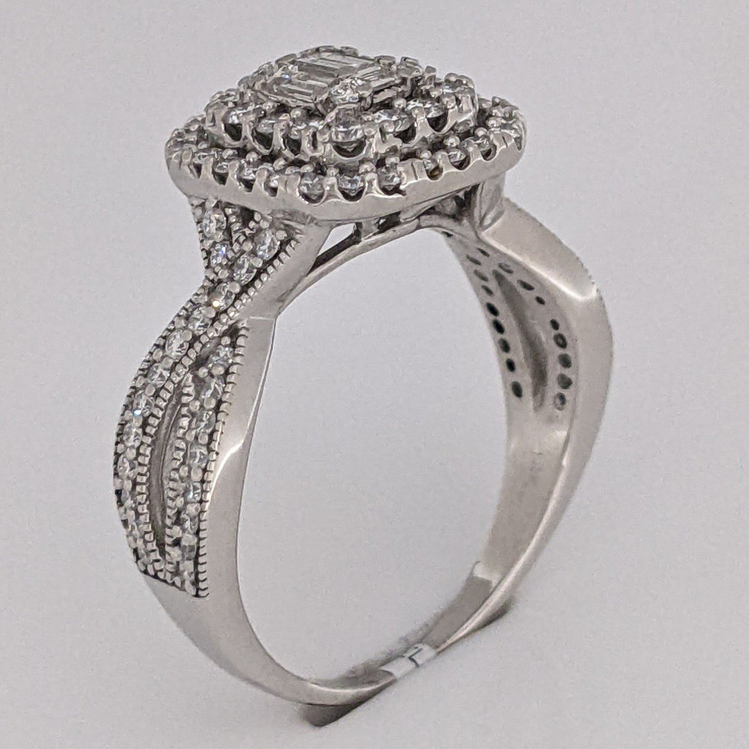 14K WHITE 1.02 CARAT TOTAL WEIGHT SI1 I DIAMOND EMERALD CUT (5) ROUND (88) CLUSTER HALO ESTATE RING 5.7 GRAMS