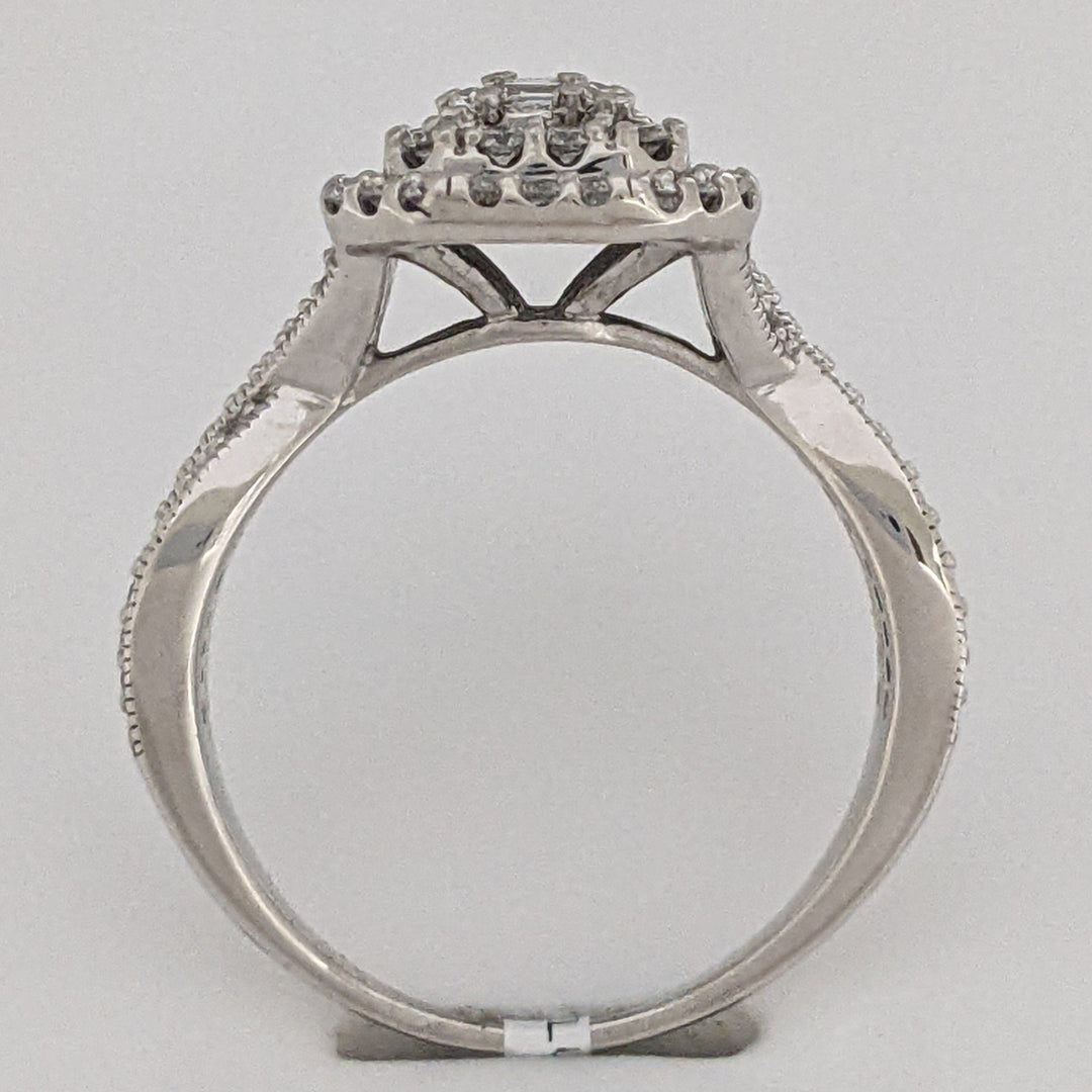 14K WHITE 1.02 CARAT TOTAL WEIGHT SI1 I DIAMOND EMERALD CUT (5) ROUND (88) CLUSTER HALO ESTATE RING 5.7 GRAMS