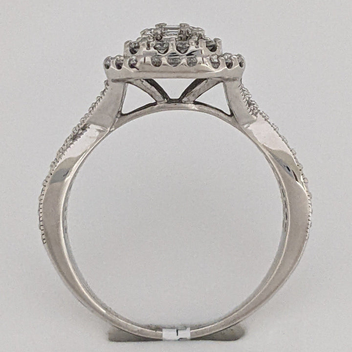 14K WHITE 1.02 CARAT TOTAL WEIGHT SI1 I DIAMOND EMERALD CUT (5) ROUND (88) CLUSTER HALO ESTATE RING 5.7 GRAMS